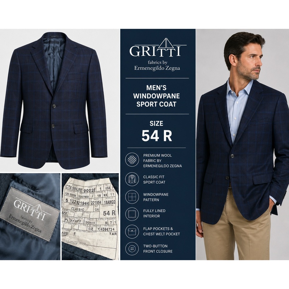 Ermenegildo Zegna Windowpane Sport Coat Mens 54R Navy Blue Classic Fit Wool